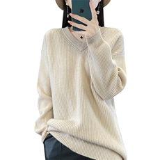秋冬纯色V领长袖针织衫女韩版宽松时尚百搭上衣内搭毛衣，女装羊毛衫，忠诺羊绒
