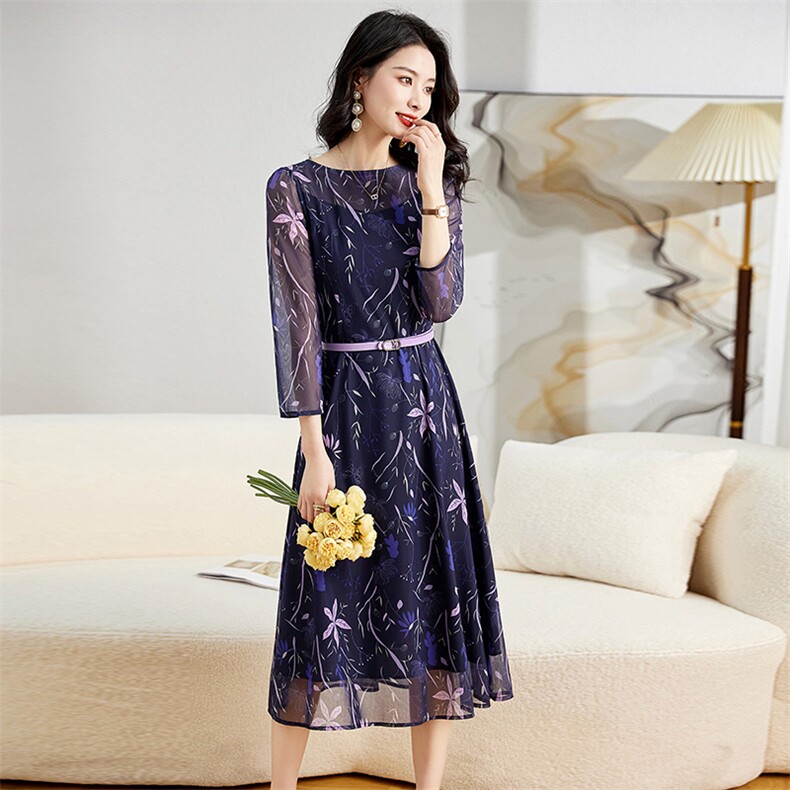 2025新款大码女装夏显瘦拼接蕾丝荷叶袖裙子胖妹妹遮肚雪纺连衣裙，女装连衣裙，牡丹诺