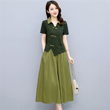 高端复古棉麻连衣裙女夏季2024新款休闲显瘦条纹亚麻套装裙两件套，女装套装/套裙，布芭啦