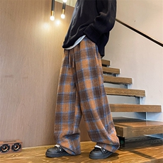 8XL-M美拉德格子毛呢休闲裤美式复古大码慵懒宽松阔腿裤KZ1932P55，男装休闲裤，电商B238