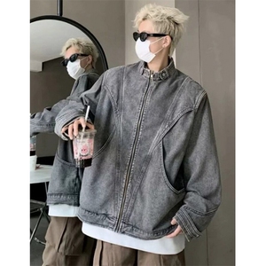 复古牛仔夹克男cleanfit简约高级设计感立领外套 J29图片