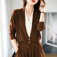 2024年秋季时尚潮流长袖V领假两件开衫包芯纱两件套，女装套装/套裙，丽特绒