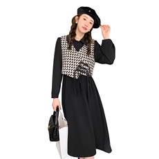 新中式国风千鸟格马甲套装女2025春秋新款收腰显瘦衬衫长裙两件套，女装连衣裙，菡迪欧娜