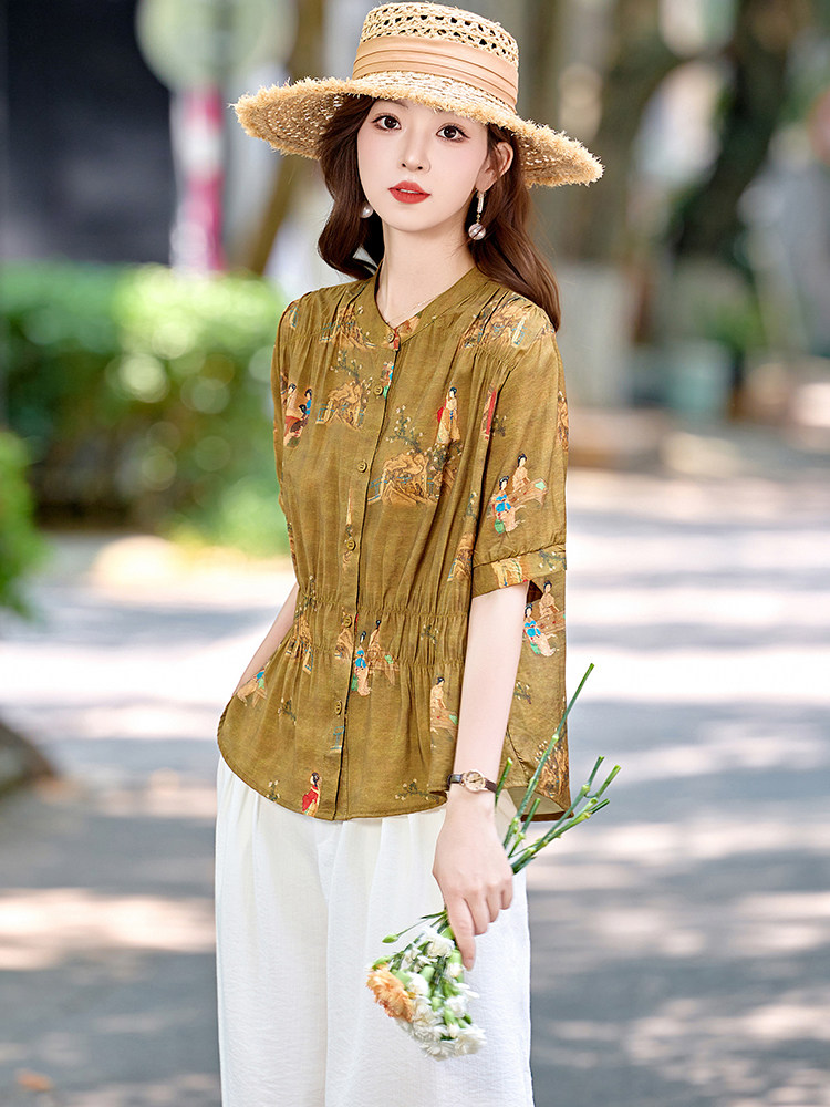 时尚休闲棉麻套装女2025夏新款复古印花褶皱收腰衬衫阔腿裤两件套,女装套装/套裙,恋慕依尚
