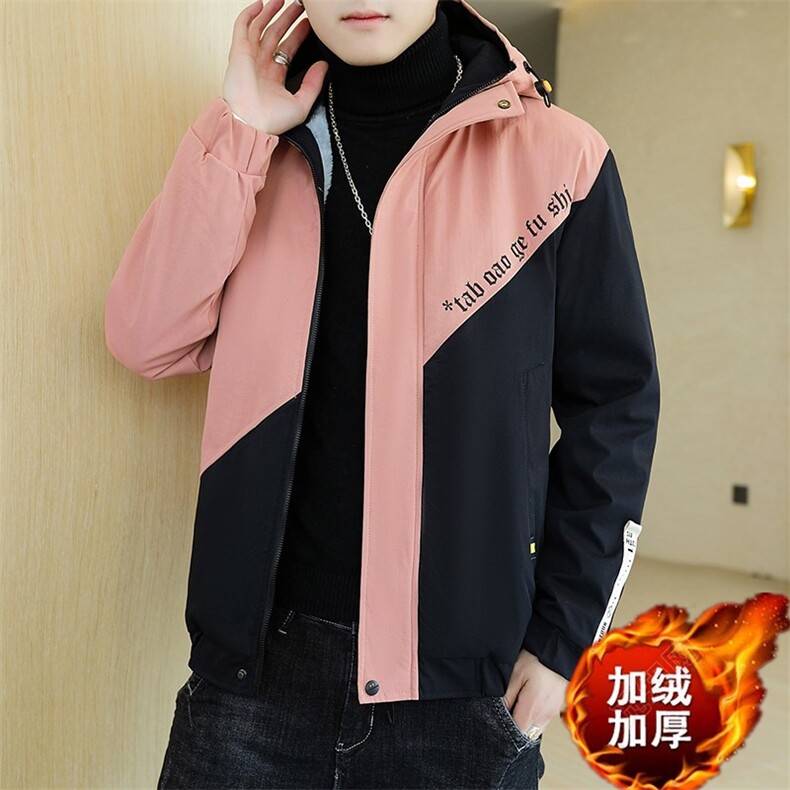 冬季斜拼棉服男模特加厚夹克风衣保暖外套工装棉衣粉867加绒图片