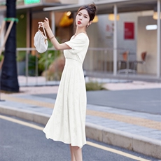 黄螺色印花连衣裙优雅淑女气质显瘦中长款A字裙泡泡袖甜美仙女裙，女装连衣裙，铭街依杨