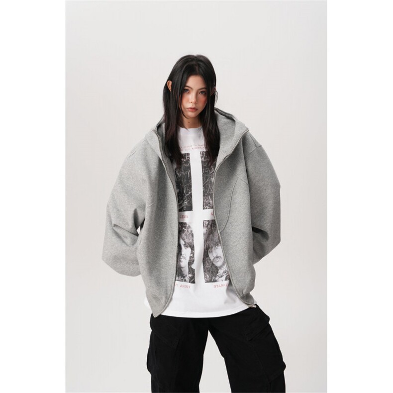 5442-P80美式重磅拼接设计感连帽开衫卫衣拉链外套，女装卫衣/绒衫，星座617A-2