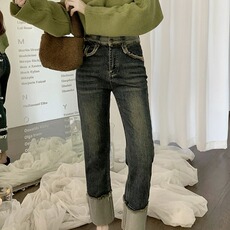 直筒牛仔裤女2025春秋高腰弹力宽松显瘦复古小个子卷边裤九分裤子，男装牛仔裤，星座1210-1