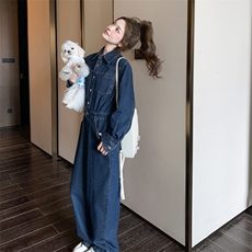 牛仔连体裤女2025春季新款港风复古工装长袖连衣阔腿裤潮，女装连体裤，2C269