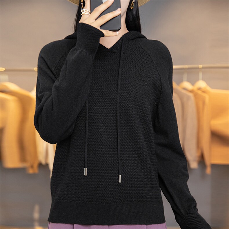 2025年秋季新款百搭女士抽绳连帽衫,针织衫/毛衣,百色羊绒