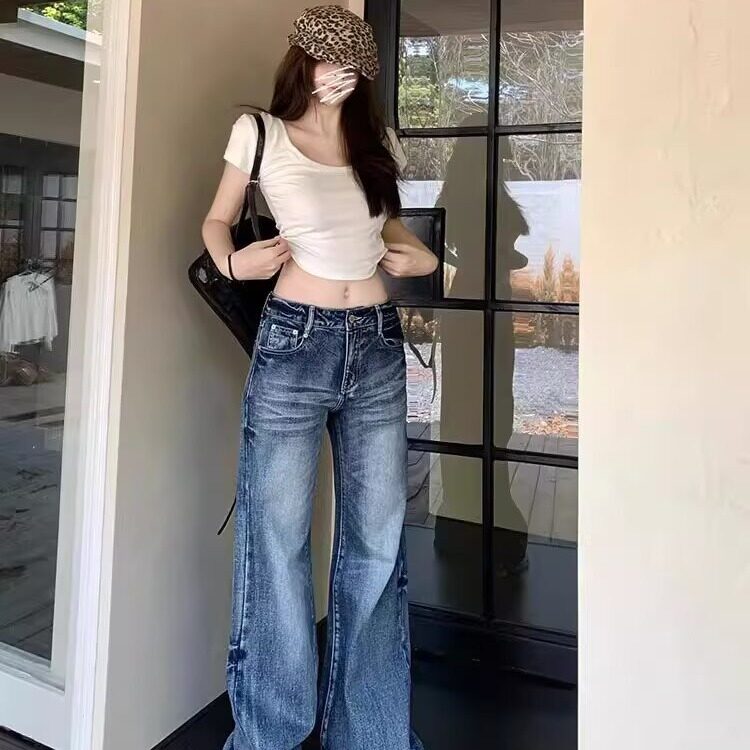复古水洗微喇叭牛仔裤女夏季新款设计感低腰宽松阔腿显瘦直筒裤子,男装牛仔裤,星座1210-1