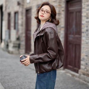 加绒皮衣外套女连帽格子拼接上衣2025冬季新款加厚毛皮夹克机车服图片