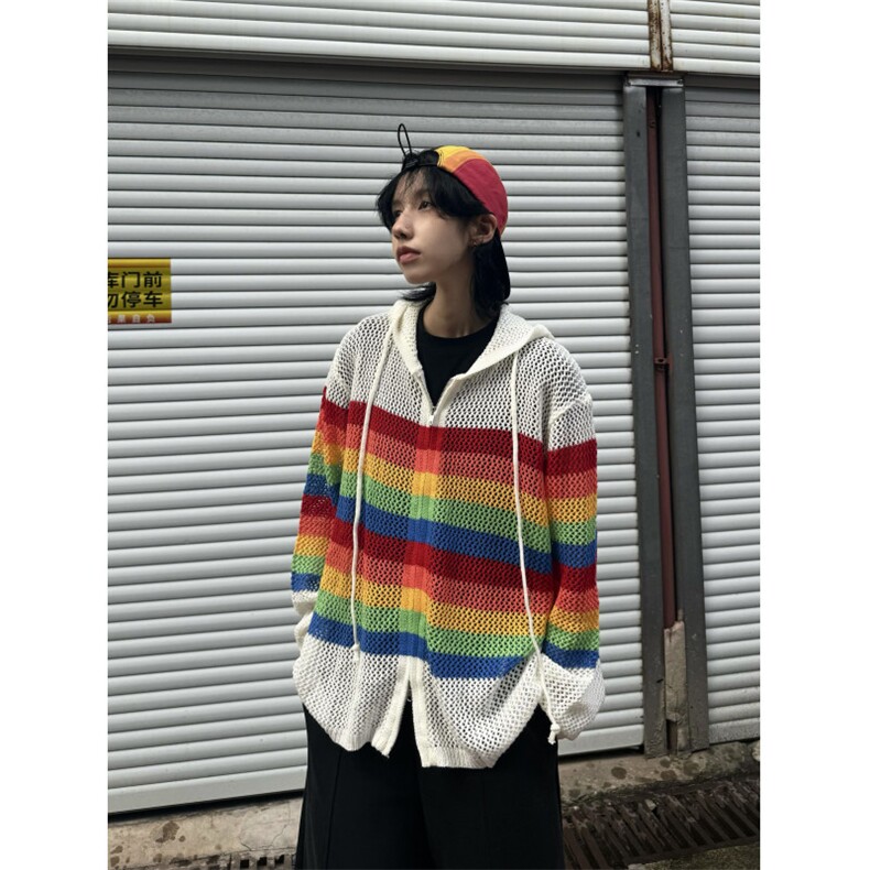 【有货】彩虹镂空连帽针织开衫男女罩衫情侣衬衫外套2401CC-特P48图片
