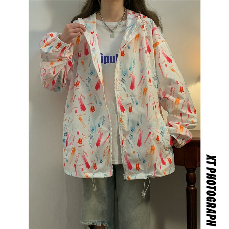 2025夏季新款碎花连帽宽松情侣防晒衣F168/P69，女装防晒衣，星座202-3