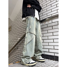泥黄色工装牛仔裤男春秋季美式高街阔腿裤设计感N8101-P55，男装牛仔裤，星座1109-3