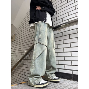 泥黄色工装牛仔裤男春秋季美式高街阔腿裤设计感N8101-P55图片