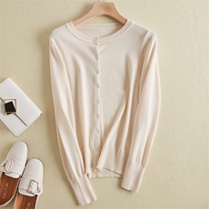 2022春季新款圆领针织打底开衫女长袖百搭带金丝线外套上衣毛衣，女装针织衫/毛衣，雪真羊绒