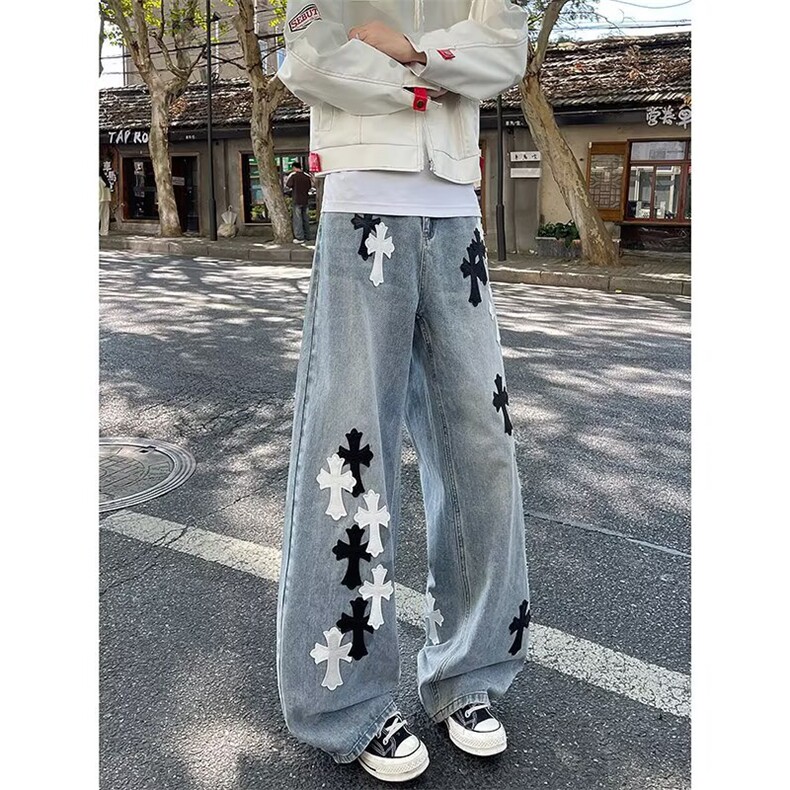 贴皮十字架刺绣拖地阔腿直筒牛仔裤男女长裤子N0388-P60,男装牛仔裤,星座308B-2
