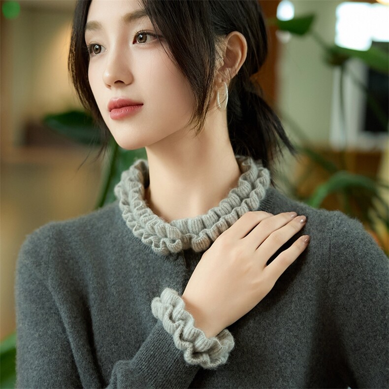 2025年女士秋季木耳领长袖开衫,针织衫/毛衣,暖烁羊绒