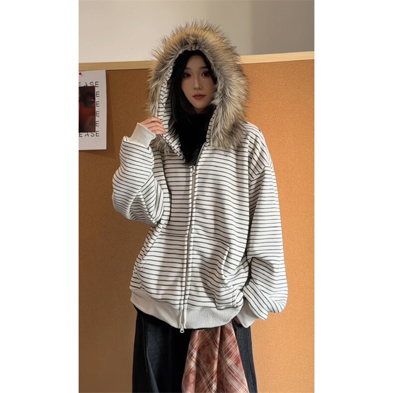 可拆卸毛领加绒卫衣慵懒风撞色条纹百搭男女DZ51214-TP80168图片
