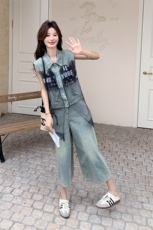 蕾丝网纱拼接牛仔阔腿裤套装女夏ootd流行巨好看小众不撞款两件套，女装套装/套裙，2C135