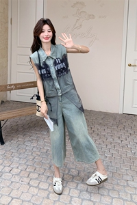 蕾丝网纱拼接牛仔阔腿裤套装女夏ootd流行巨好看小众不撞款两件套图片