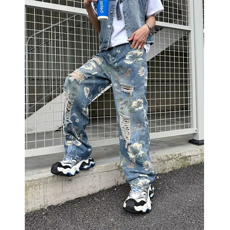 港风男牛仔裤大破洞鲜花扎染宽松长裤NK257P58,男装牛仔裤,星座1013-1