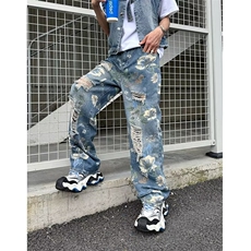 港风男牛仔裤大破洞鲜花扎染宽松长裤NK257P58，男装牛仔裤，星座1013-1