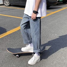 现货牛仔裤男宽松直筒潮牌潮流港风坠感阔腿九分休闲裤子F102-P35图片