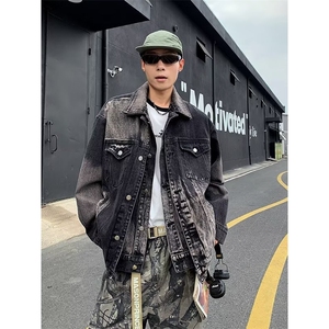 美式高街vibe扎染牛仔外套春秋款男破坏高级感情侣牛仔衣工装夹克图片