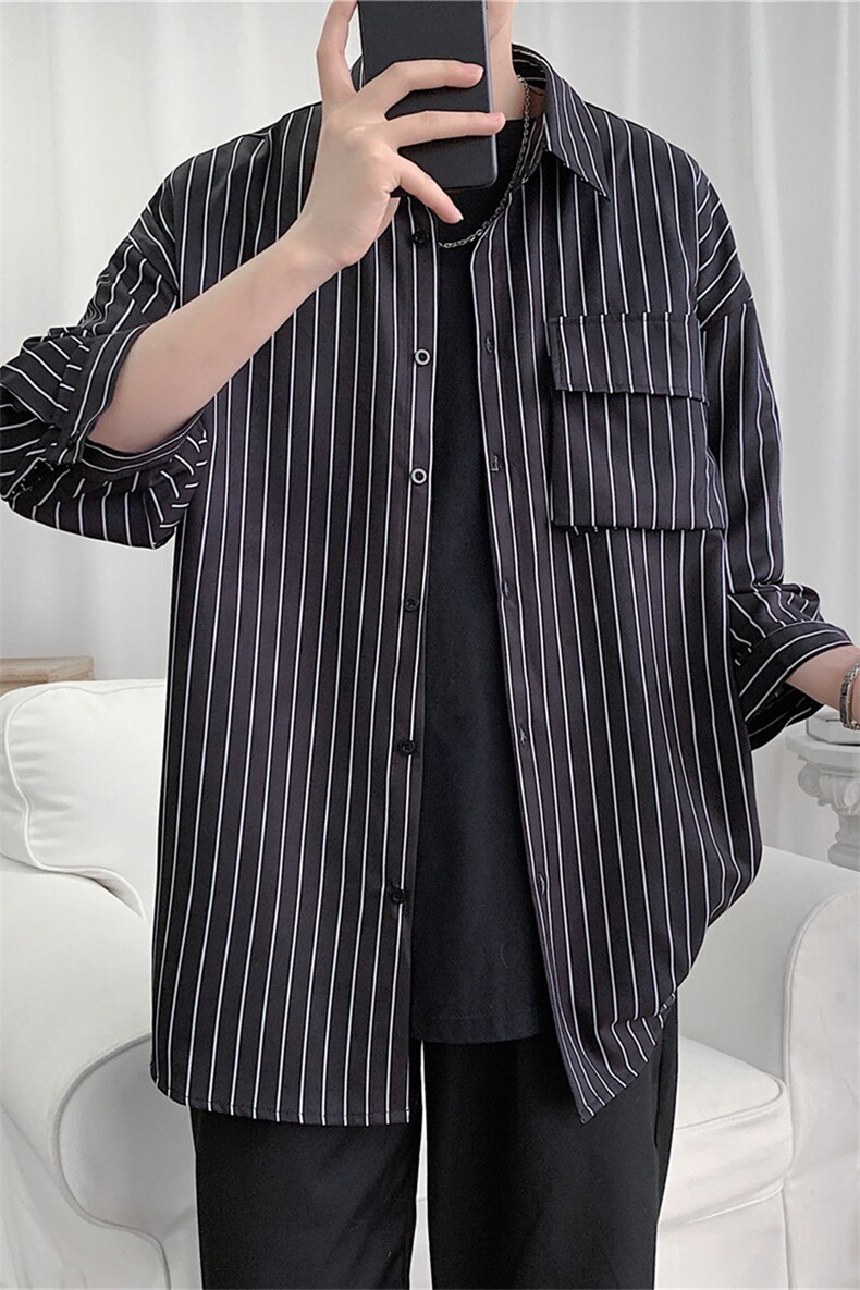 C2037/P35夏季条纹工装短袖衬衣男士宽松衬衫五分袖潮大码上衣男,男装衬衫,电商A141