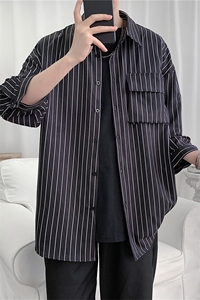 C2037/P35夏季条纹工装短袖衬衣男士宽松衬衫五分袖潮大码上衣男图片