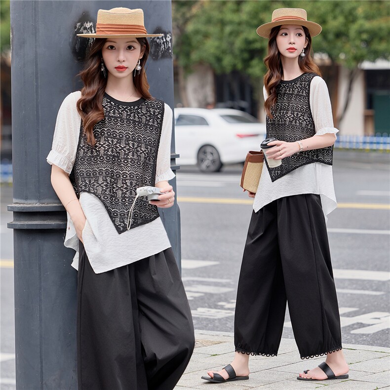 【2026夏季女装新款】大量现货时尚洋气宽松舒适上衣假两件套裤，女装套装/套裙，缘衣格