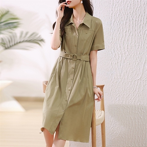 专柜价699【迪】纯色气质收腰显瘦连衣裙品牌撤柜25夏短袖裙子女，女装连衣裙，曼沙奕珂