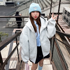 抖音得物高品质26春装美式高街重磅宽松结构高领连帽卫衣外套W60，女装短外套，电商A486-1