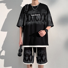 特批P50无差价夏新假菠萝格拼色假两件潮牌休闲五分套装男TZ322，男装休闲套装，电商A001