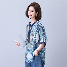 时尚宽松拼接印花镶钻短袖上衣优雅显瘦百搭女衬衫，女装衬衫，叶笙衣
