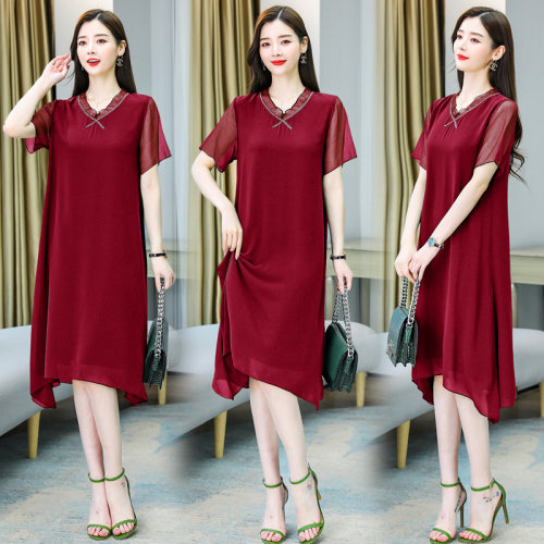 （现货）2025年夏季宽松腰通勤中长款短袖圆领雪纺纯色A字连衣裙，女装连衣裙，深妍伊美