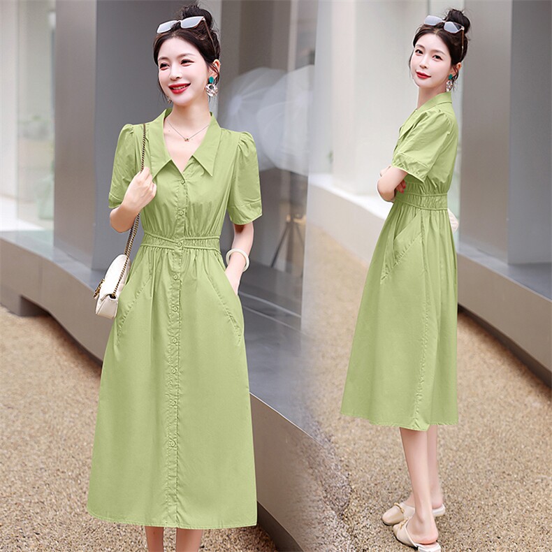 欧洲站2025夏季新款女配腰带纯色衬衫领短袖气质显瘦时尚连衣裙，女装连衣裙，意芙