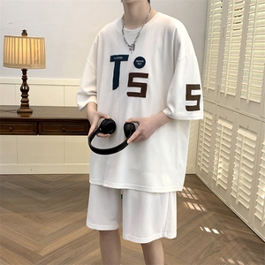 夏上新青少年毛巾绣时尚半袖套装运动短裤T恤男女 6635-P60控价88图片
