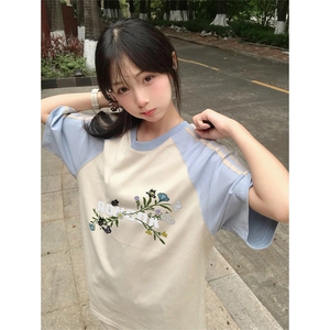 抖音得物品质二开240克宽松纯棉美式潮牌插肩三杠织带短袖T恤图片
