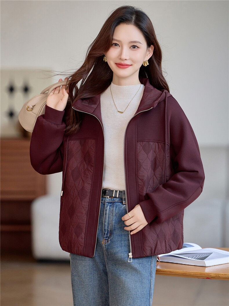 现货!2025年冬季休闲连帽拼接宽松时尚夹棉加厚女外套,女装棉衣/棉服,依恋蒂丝
