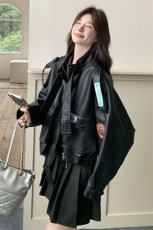 黑色皮衣短外套女春季2024新款美式复古小个子pu皮机车洋气夹克潮，女装皮衣，2C201