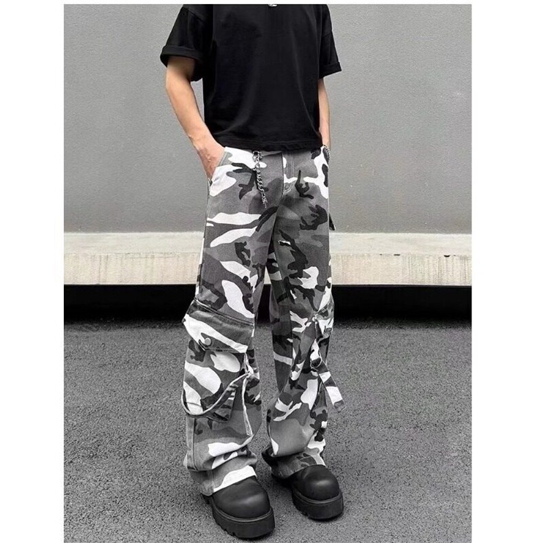 美式复古设计迷彩牛仔裤男女宽松直筒高街多口袋阔腿长裤子,男装牛仔裤,星座506A