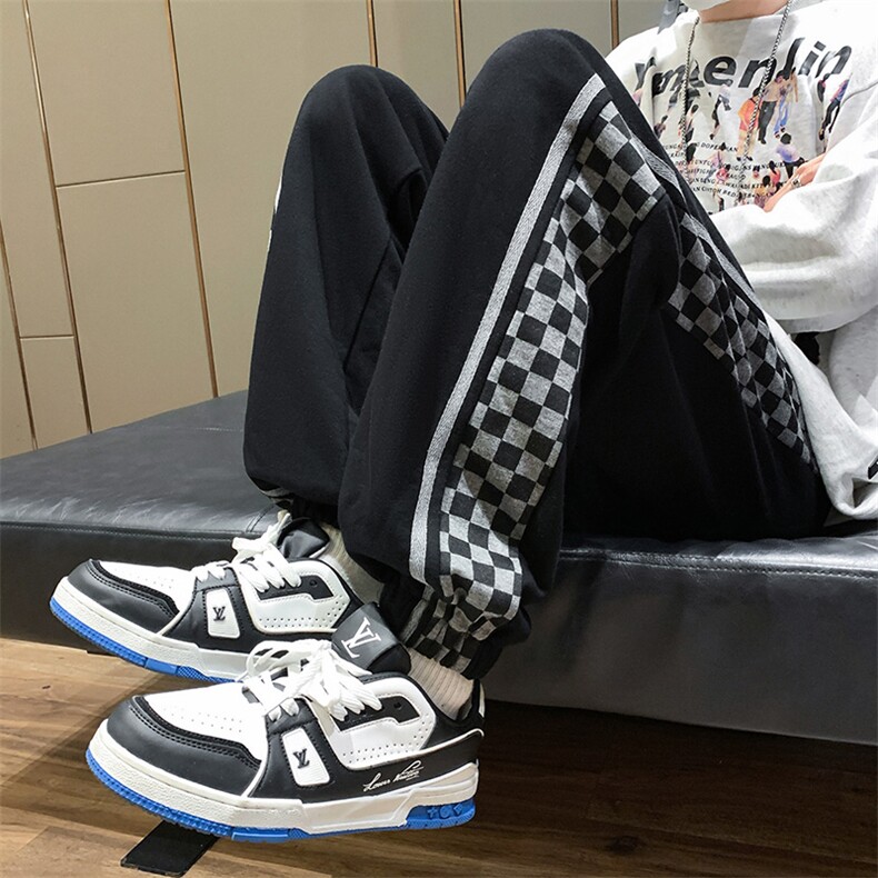 K3196-P45秋装美式潮牌宽松中性男女情侣侧边棋盘格撞色休闲卫裤图片