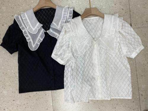 翻边双领菱纹衬衣，女装，新袖