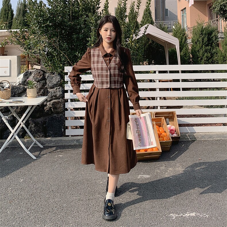 2024春装新款甜美设计感格纹假两件连衣裙P115K175,女装连衣裙,沫晗依美服饰