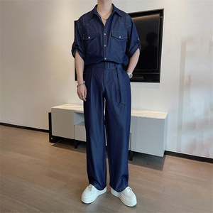 夏季垂感抗皱天丝牛仔短袖衬衫套装高级衬衣裤子两件套TZ258-P140图片