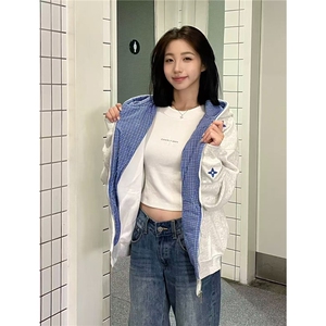 网图现货 美式宽松复古格子拼接连帽宽松卫衣W1083/P55图片