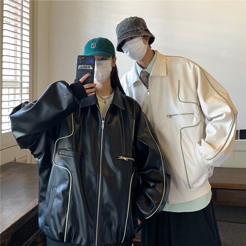 情侣装秋装新款美式翻领机车服皮夹克潮宽松外套D216P108女,男装夹克,电商A335-1（原A458）